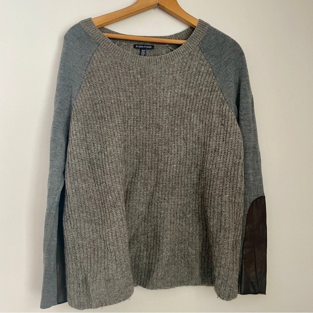 Eileen Fisher Raglan Crewneck Sweater Grey Gray Beige Medium Yak